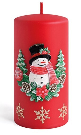 Vánoční svíčka Sněhulák 14 cm červená
