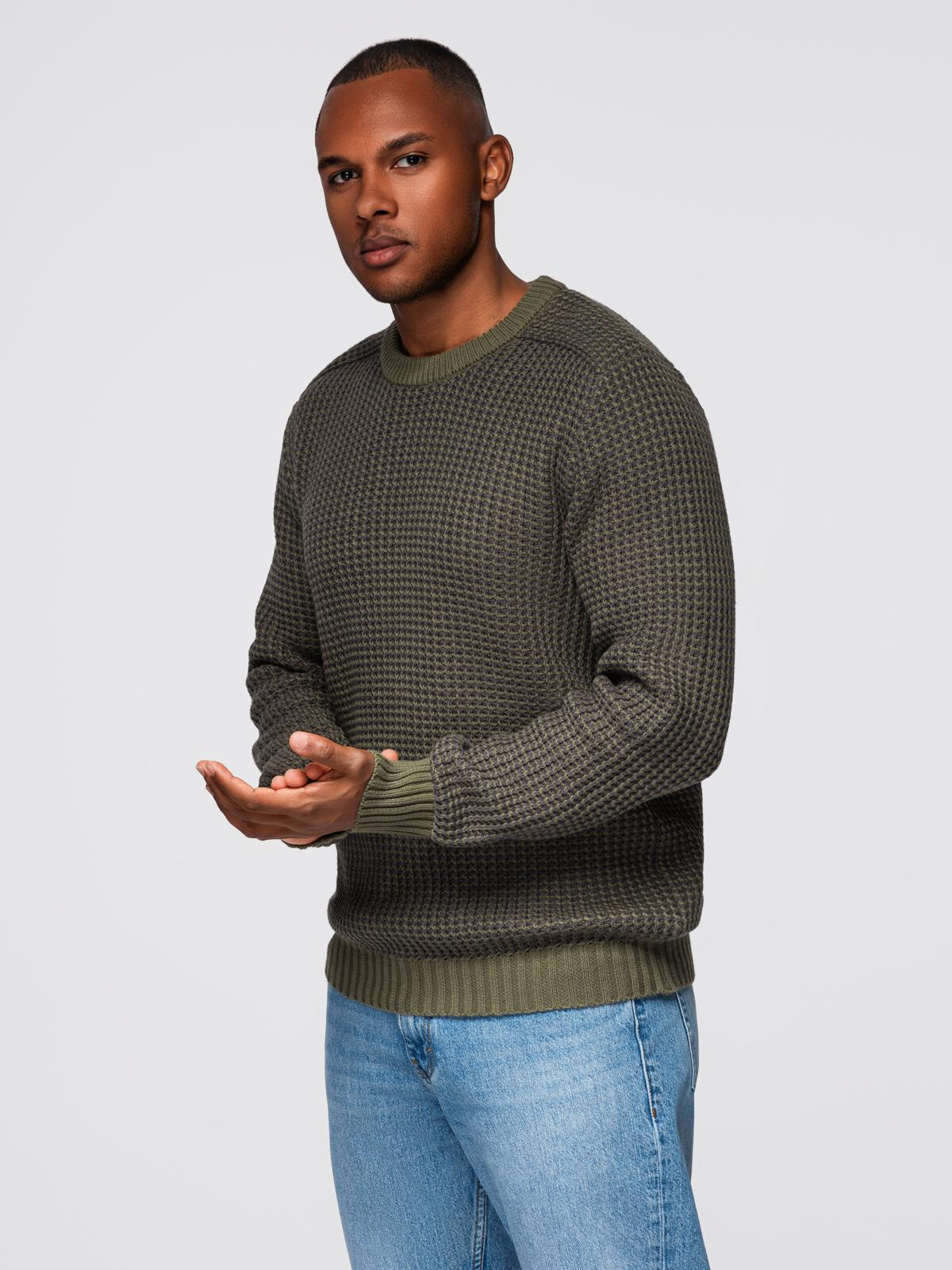 Ombre Men's contrast weave sweater with round neckline - dark olive
