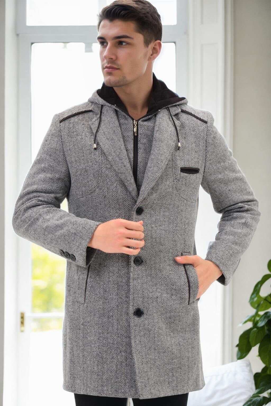 PLT9371 DEWBERRY MEN'S COAT-DIAGONAL BLACK-GRAY