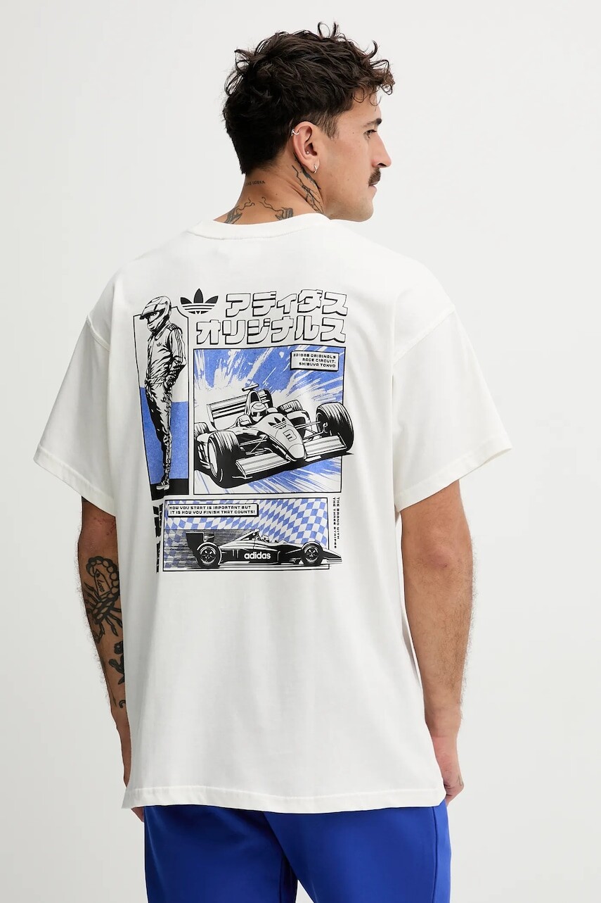 Bavlnené tričko adidas Originals JP Racing Manga pánske, béžová farba, s potlačou, HY2085
