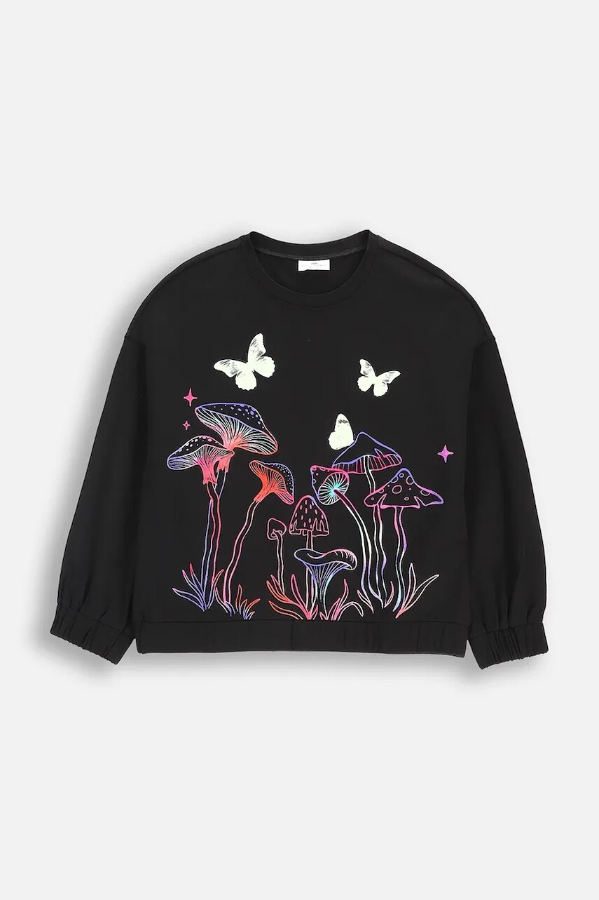 Detská bavlnená mikina Coccodrillo čierna farba, s potlačou, RAVE GIRL JUNIOR