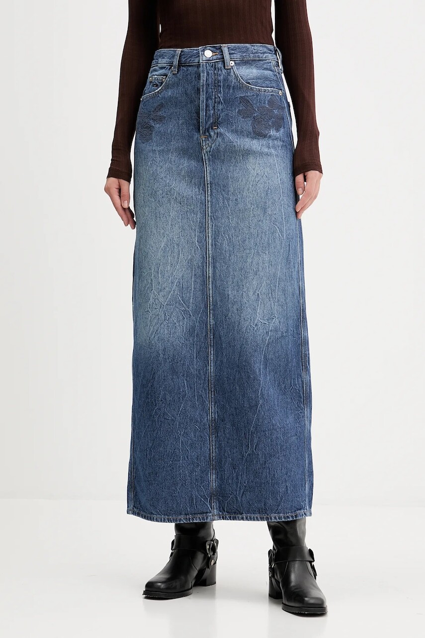 Rifľová sukňa Tommy Jeans tmavomodrá farba, maxi, rovný strih, DW0DW21577