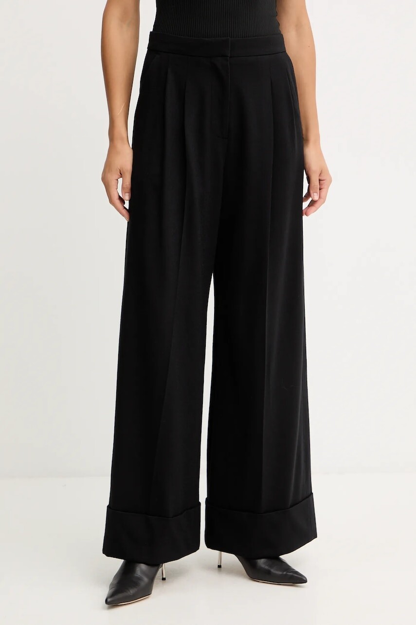 Vlnené nohavice BOSS čierna farba, široké, vysoký pás, 50550804