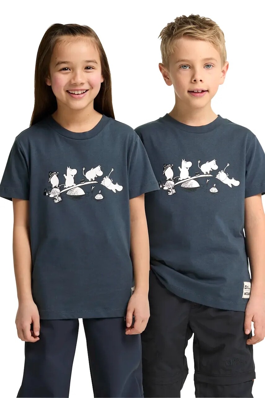 Detské bavlnené tričko Jack Wolfskin MOOMIN T-SHIRT K tmavomodrá farba, s potlačou, A65461