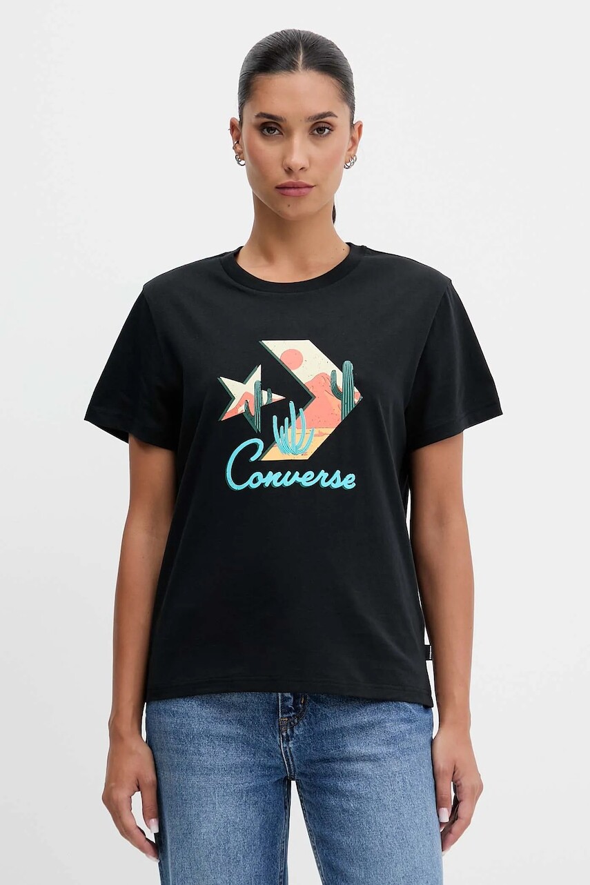 Bavlnené tričko Converse dámske, čierna farba, CVW5T240