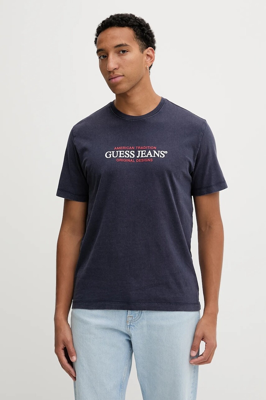 Bavlnené tričko Guess Jeans pánske, tmavomodrá farba, s potlačou, M5BI25 K8FQ4