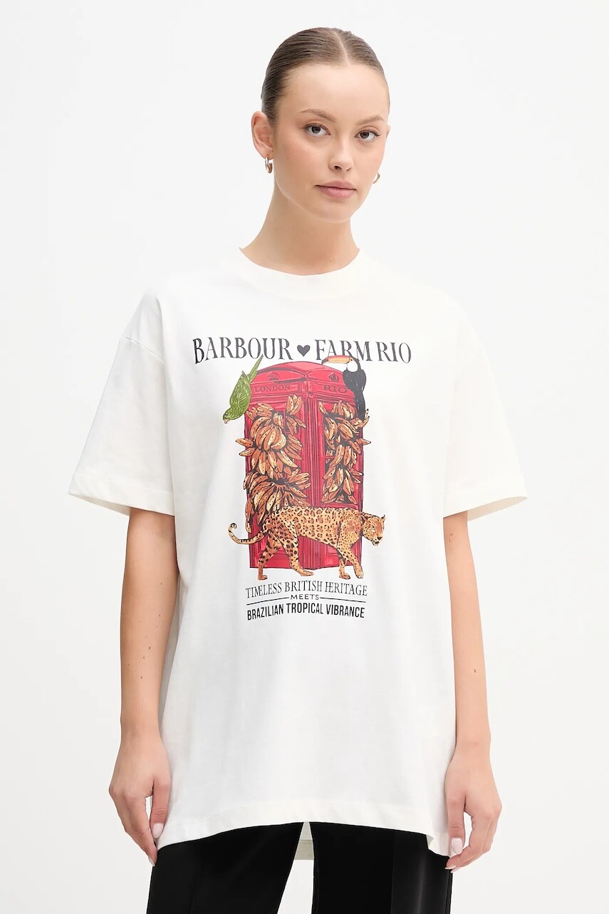 Bavlnené tričko Barbour x Farm Rio dámske, biela farba, LTS0699