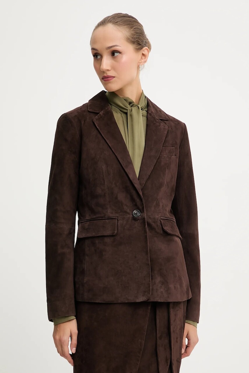 Semišové sako Never Fully Dressed hnedá farba, jednoradové, jednofarebné, NFDOU409