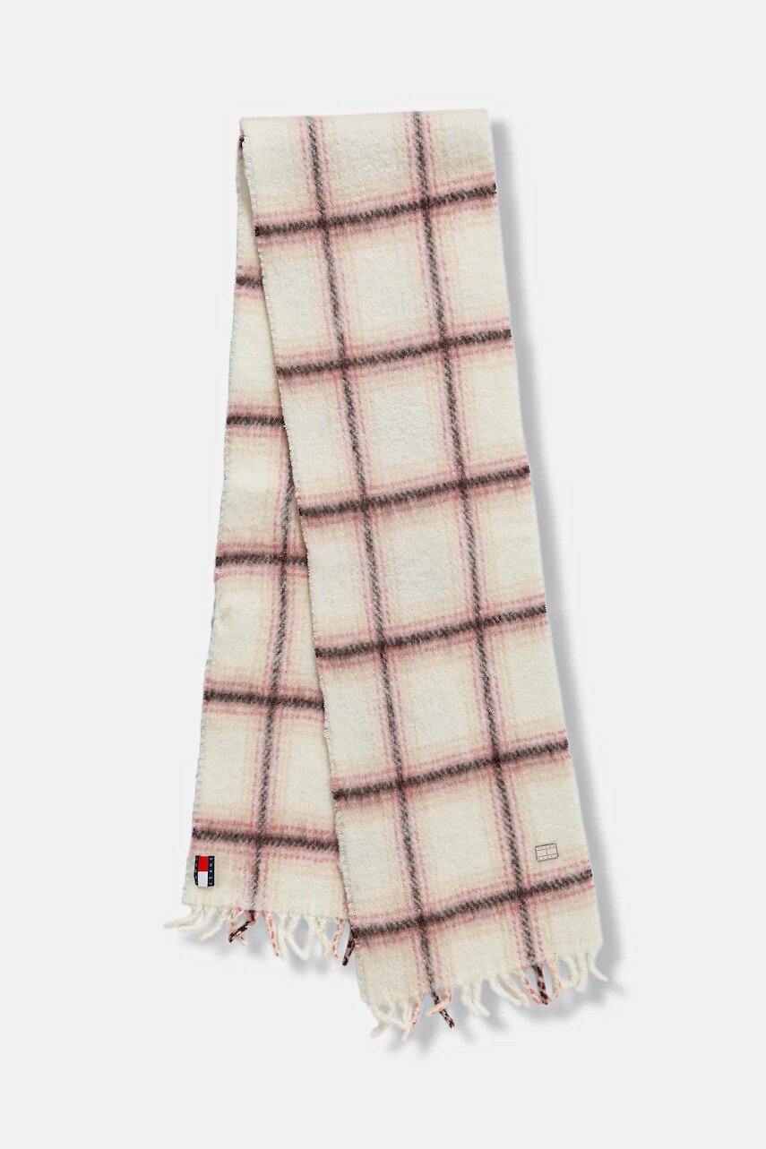 Šál s prímesou vlny Tommy Jeans ružová farba, vzorovaný, AW0AW17904