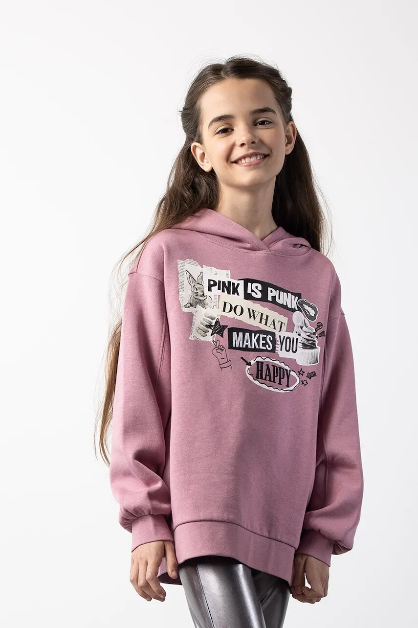 Detská mikina Coccodrillo ružová farba, s kapucňou, vzorovaná, CRAFT PUNK GIRL JUNIOR