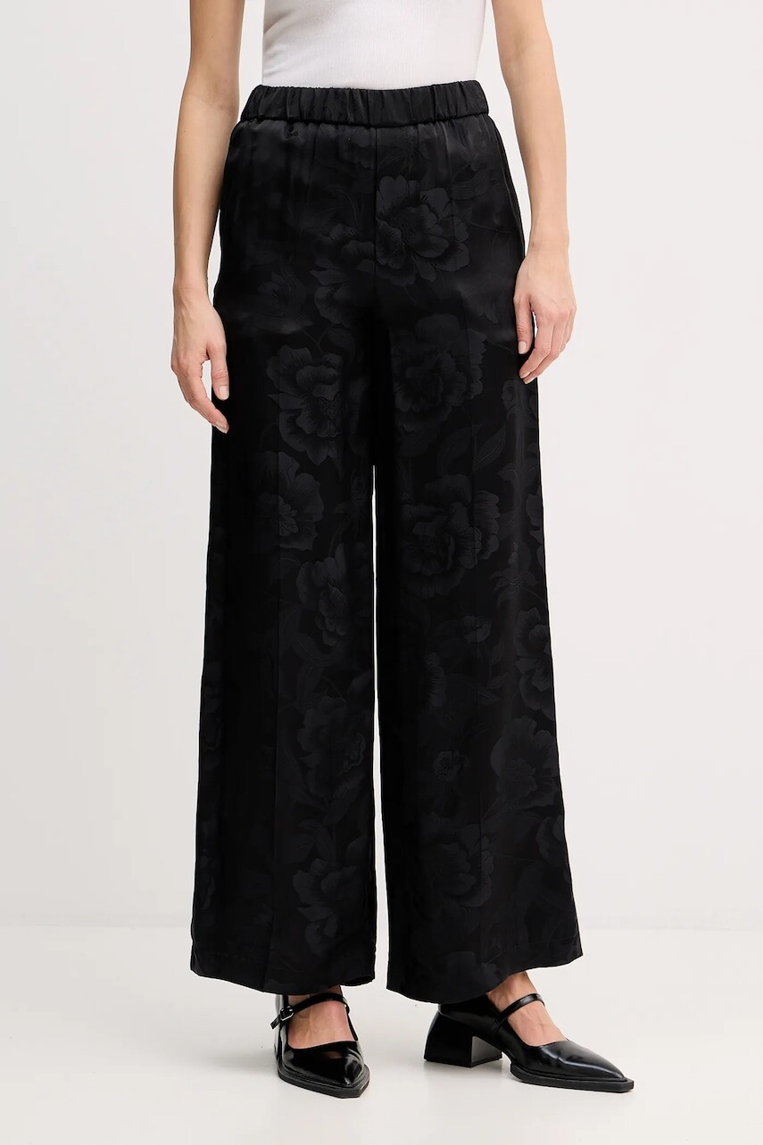 Hodvábne nohavice Kenzo dámske, čierna farba, široké, vysoký pás, FF52PA0849JR.99