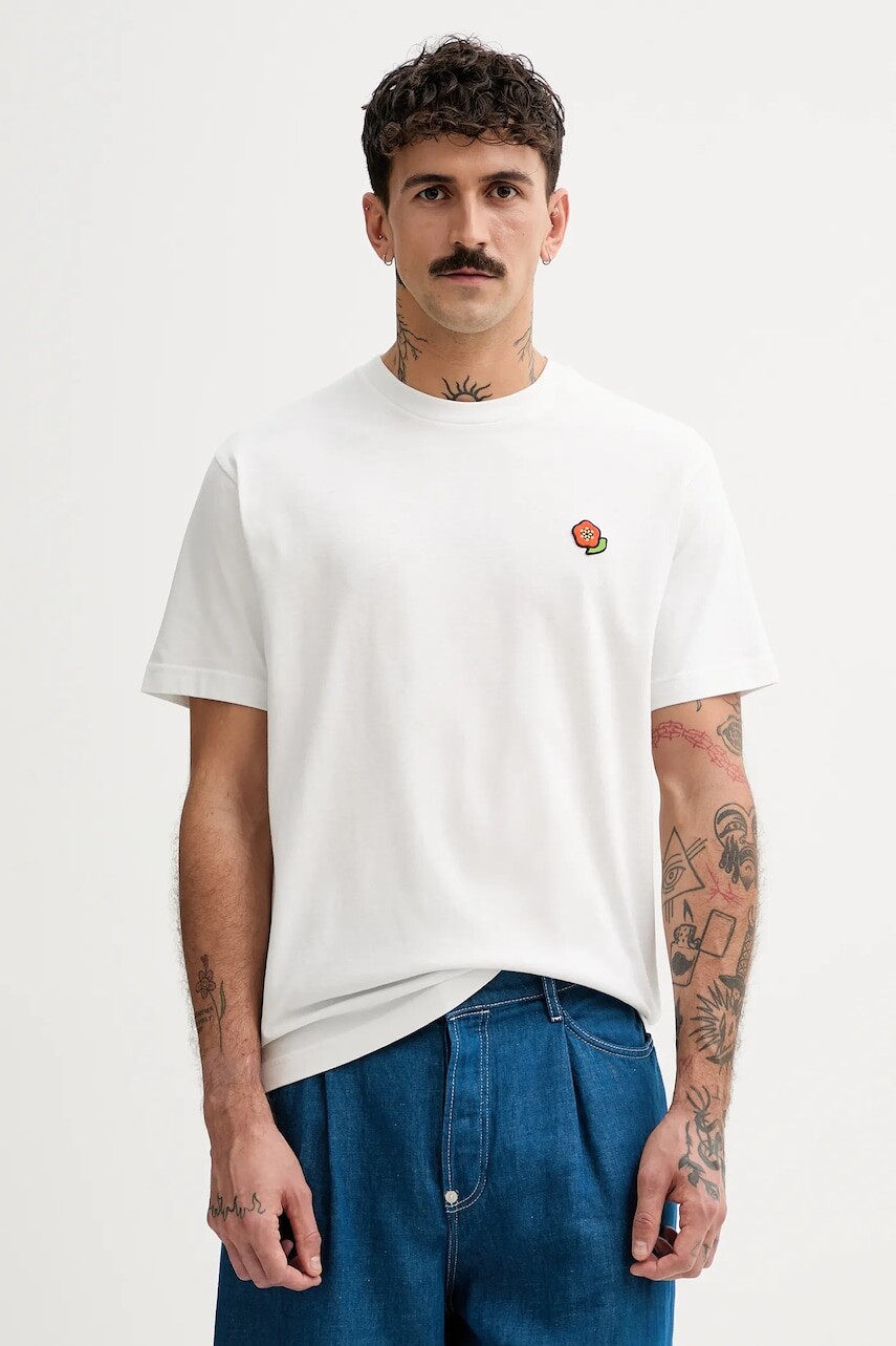 Bavlnené tričko Kenzo Pop pánske, biela farba, s nášivkou, FF55TS5284SG.02