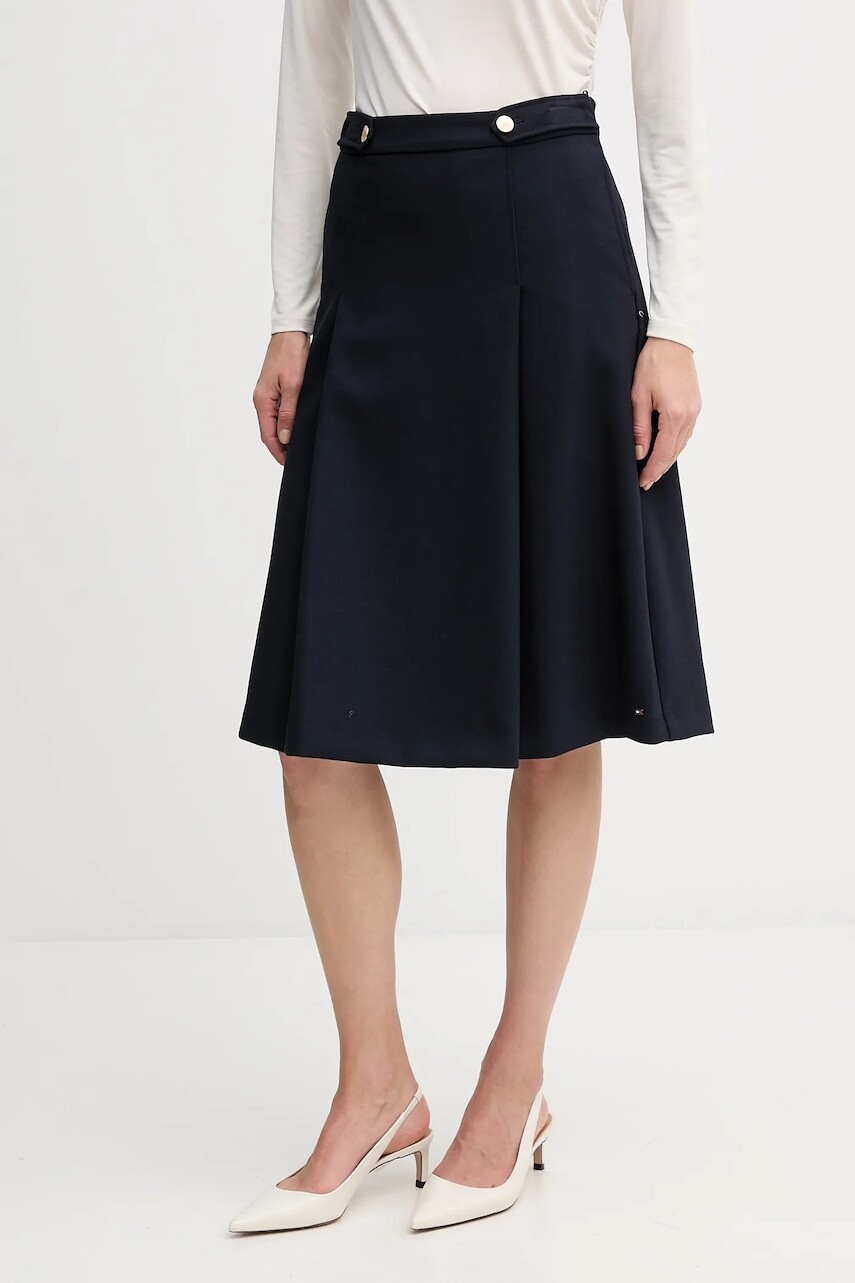 Sukňa Tommy Hilfiger tmavomodrá farba, midi, áčkový strih, WW0WW48263
