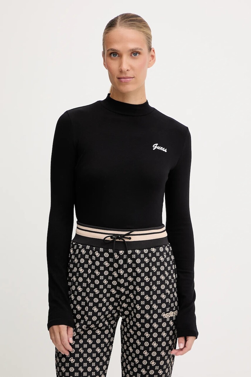 Tričko s dlhým rukávom Guess ALBA čierna farba, s polorolákom, V5BP10 KCBF1