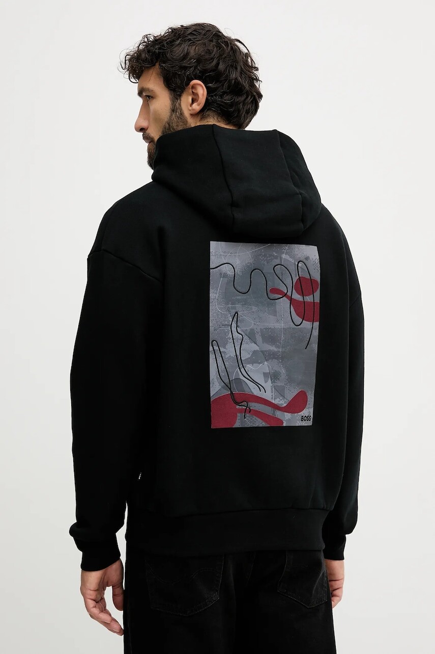 Bavlnená mikina BOSS čierna farba, s kapucňou, 50549682