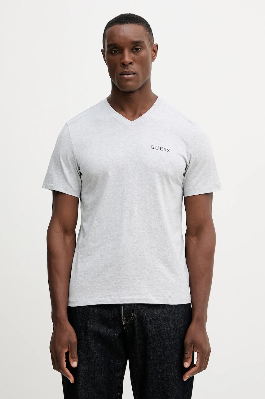 Bavlnené tričko Guess 3-pak pánske, šedá farba, s potlačou, U5BG58 KCAM1