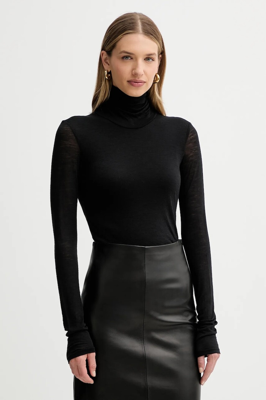 Tričko s dlhým rukávom s prímesou vlny Liviana Conti čierna farba, s rolákom, L5WH36