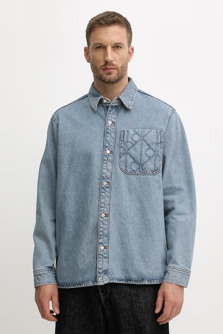 Rifľová košeľa Calvin Klein Jeans modrá farba, voľný strih, s klasickým golierom, LV04RD747G