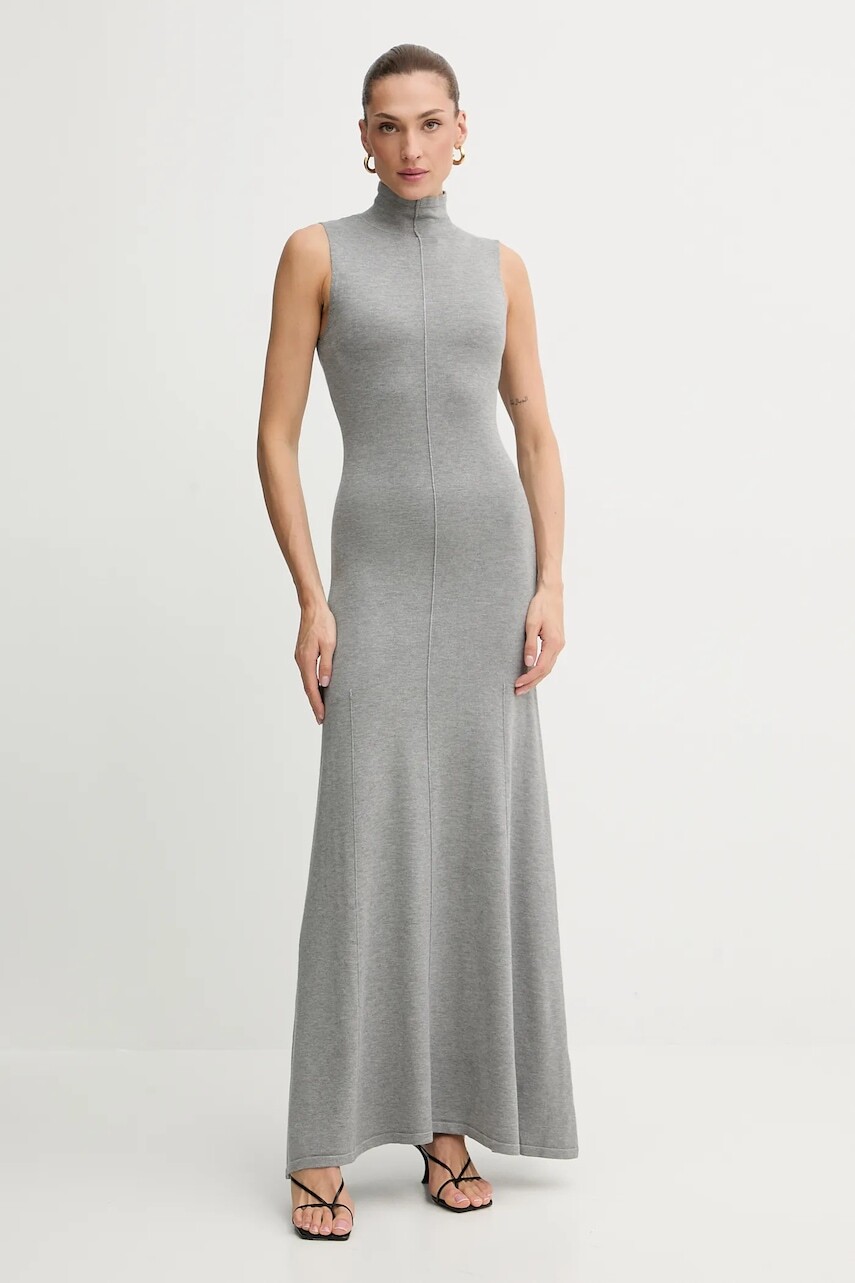Šaty Bardot šedá farba, maxi, áčkový strih, 60085DB