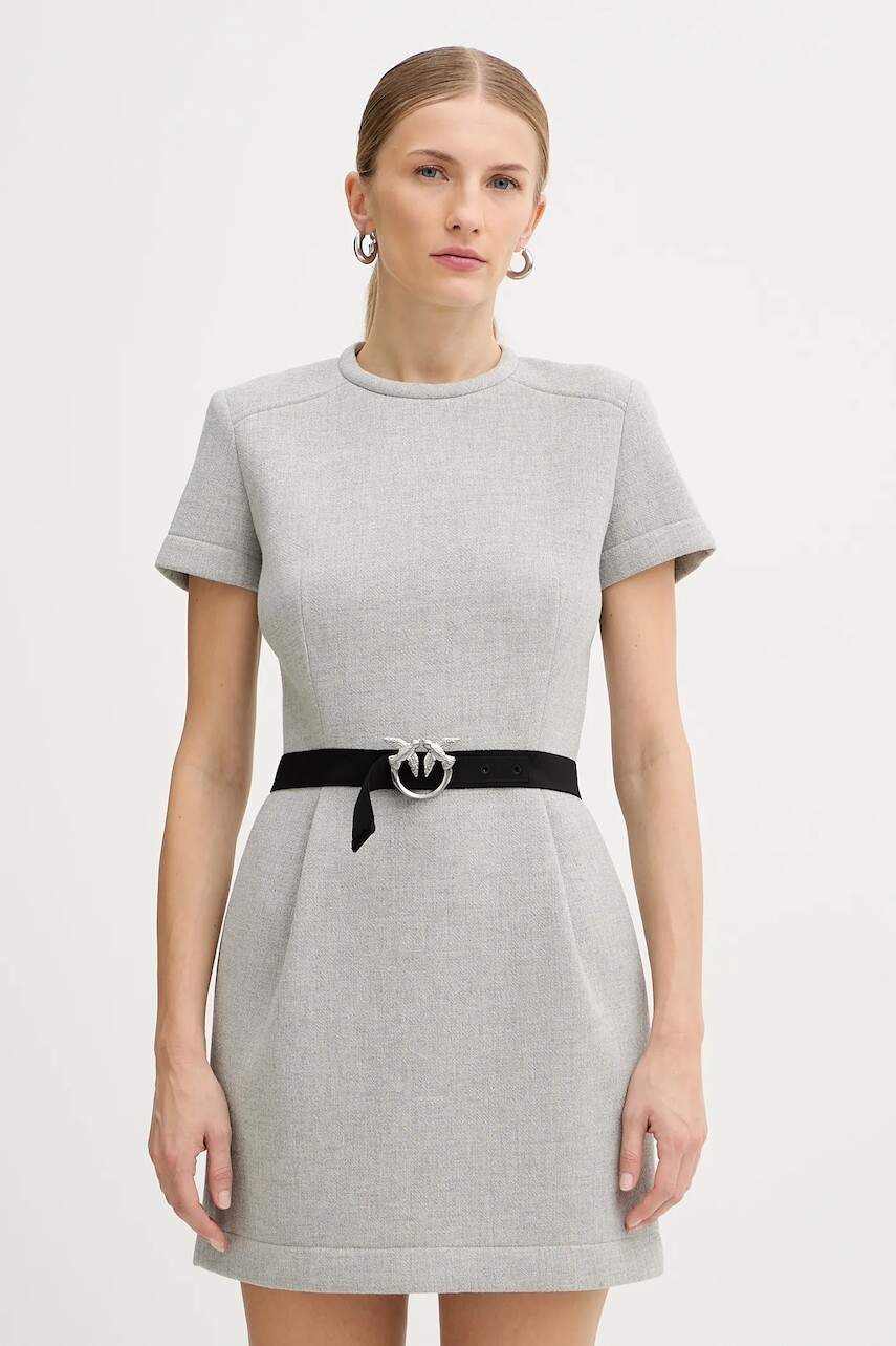 Šaty s prímesou vlny Pinko šedá farba, mini, áčkový strih, 106084 A2ZQ