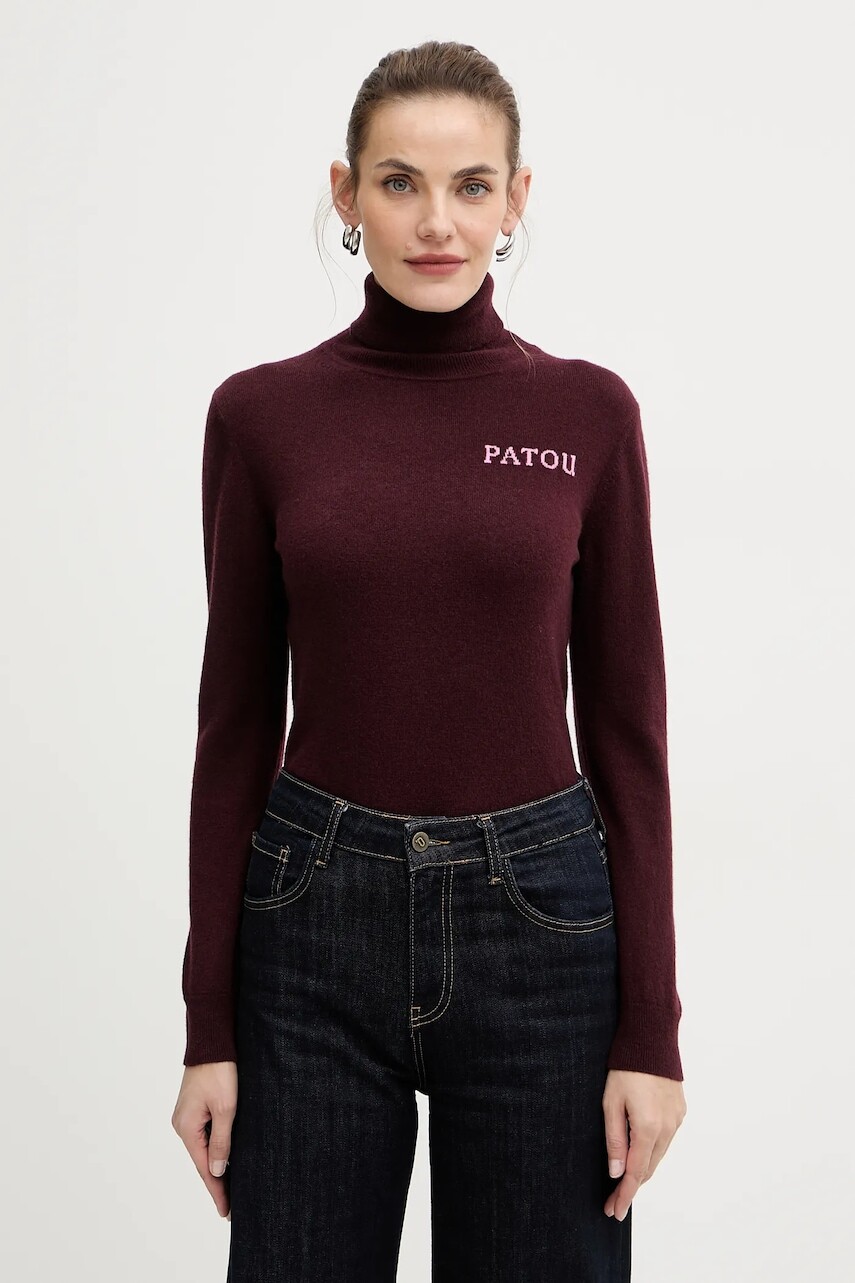 Vlnený sveter Patou bordová farba, ľahké, s rolákom, KN3088041