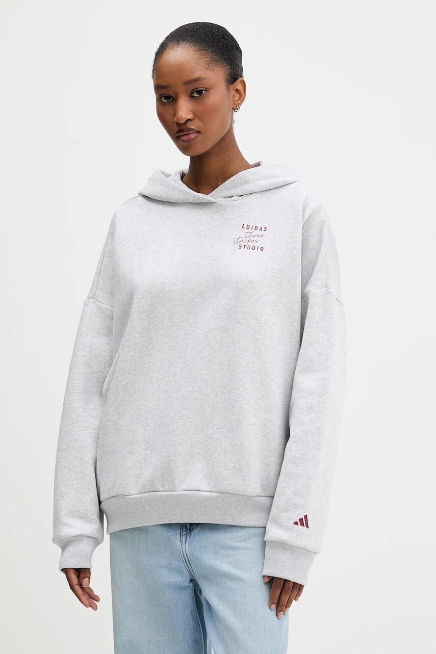 Mikina adidas šedá farba, s kapucňou, s potlačou, KT0882