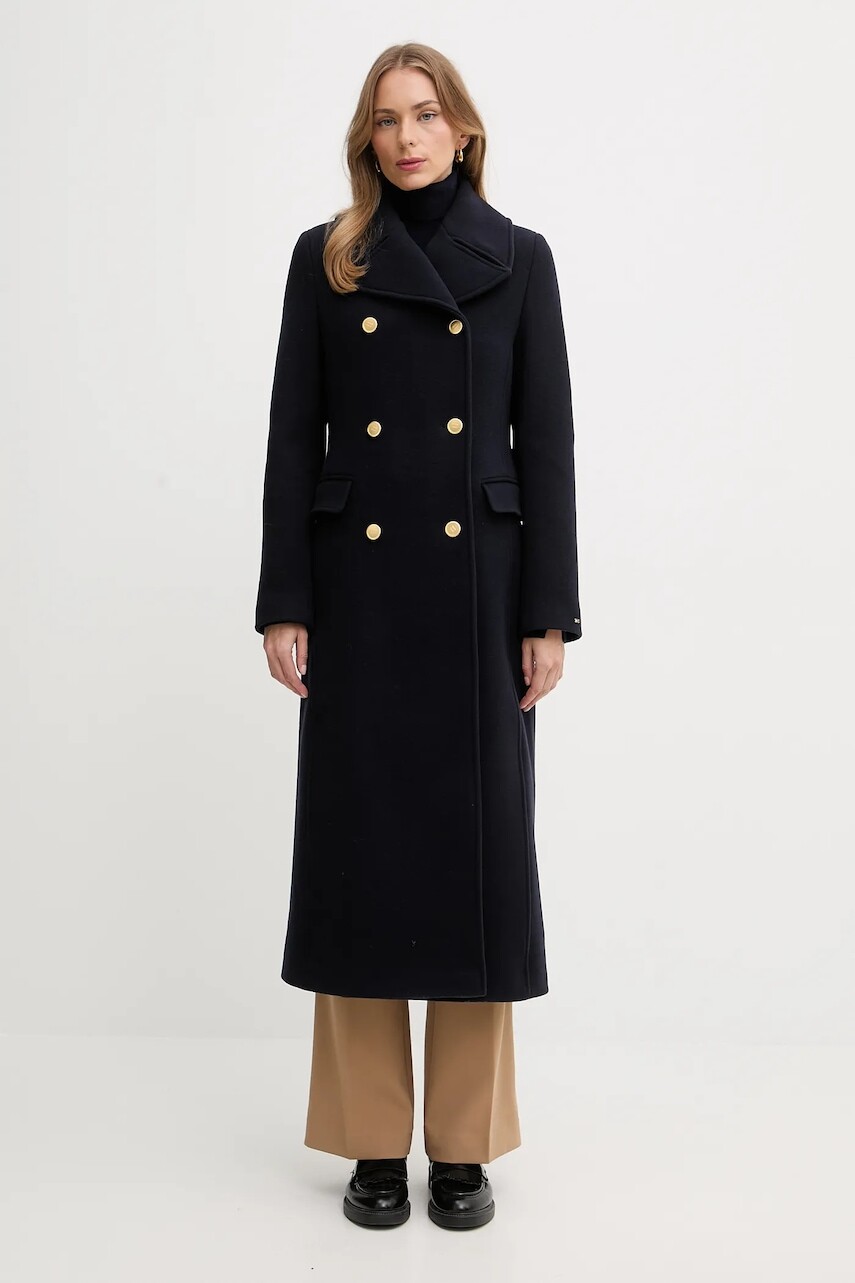 Kabát s prímesou vlny Tommy Hilfiger tmavomodrá farba, WW0WW48415