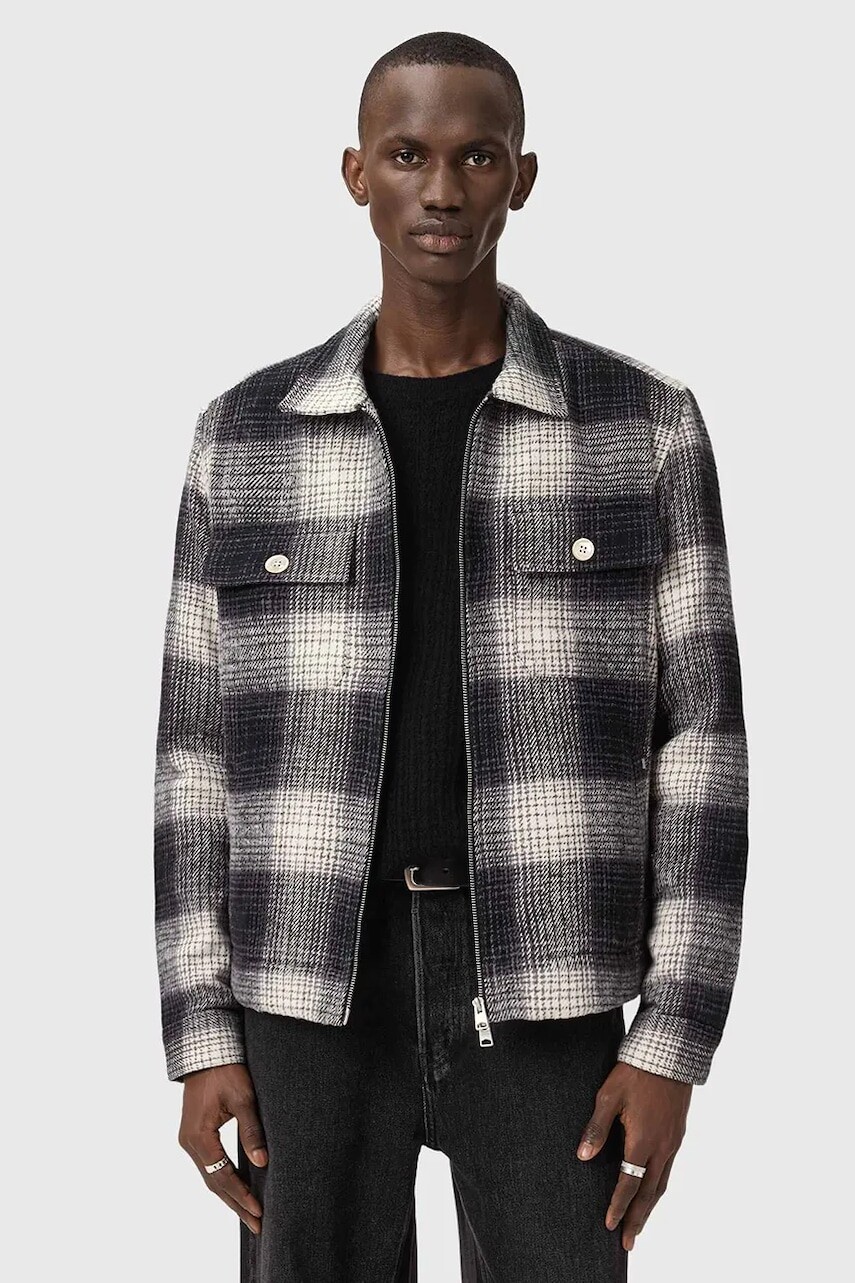 Bavlnená košeľová bunda AllSaints šedá farba, prechodná, M059OD