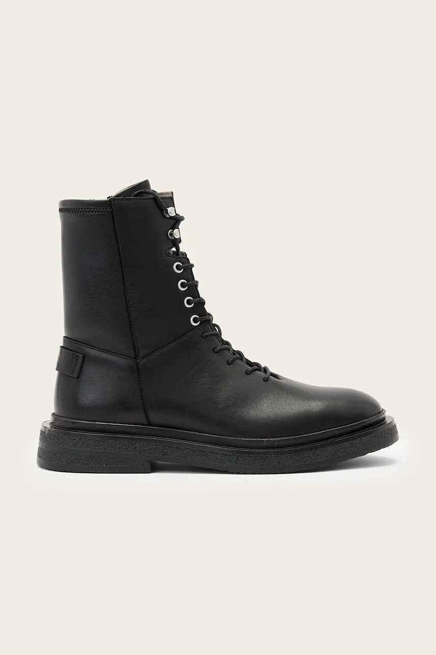 Kožené workery AllSaints Escher Lace Up Boot čierna farba, na plochom podpätku, W084FD