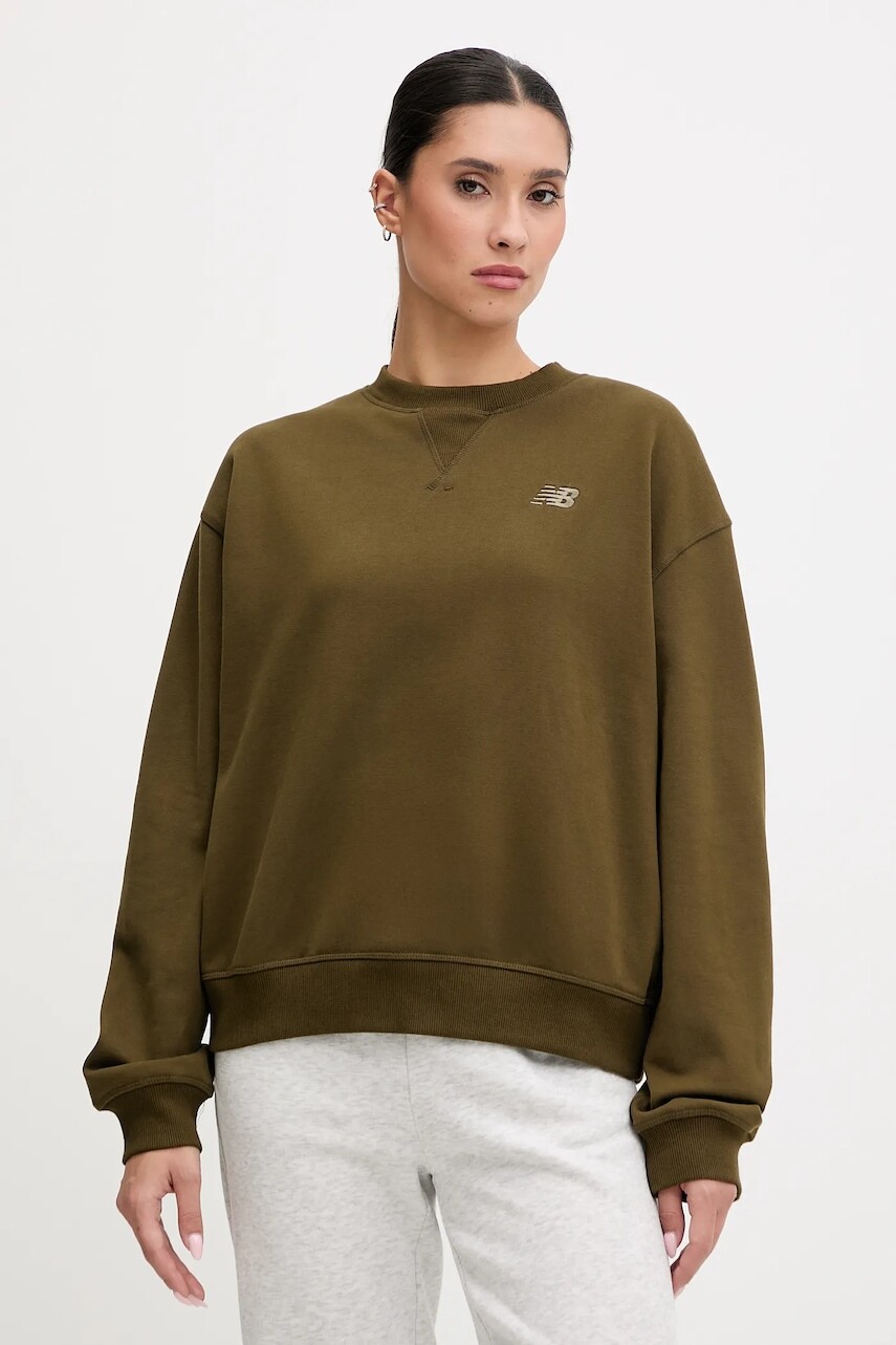 Bavlnená mikina New Balance zelená farba, jednofarebná, WT41500WDL