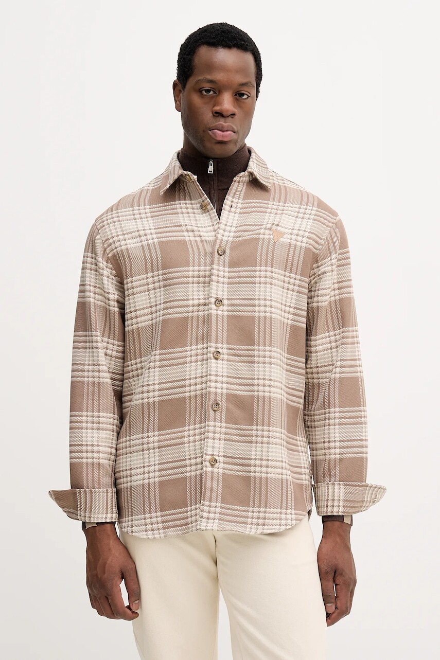 Košeľa Guess béžová farba, voľný strih, s klasickým golierom, M5BH24 W1951