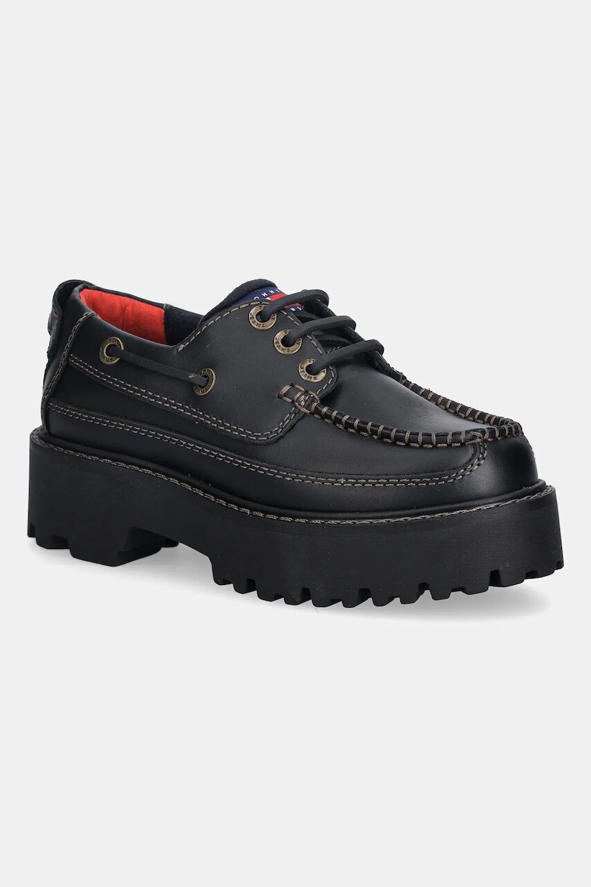 Kožené poltopánky Tommy Hilfiger ARCHIVE 01 BOAT SHOE LEATHER čierna farba, na platforme, EN0EN03003
