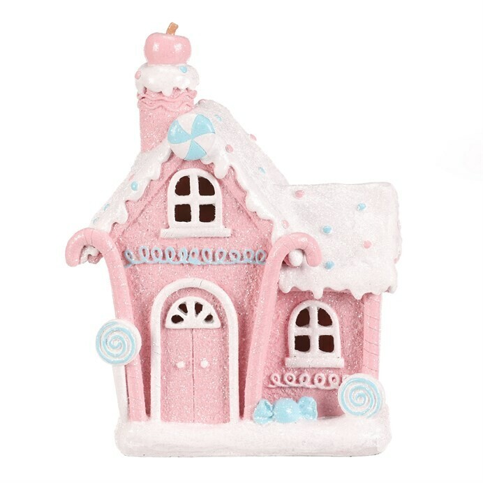 Vianočná dekorácia Domček z cukroviniek, polyresin, LED, ružová