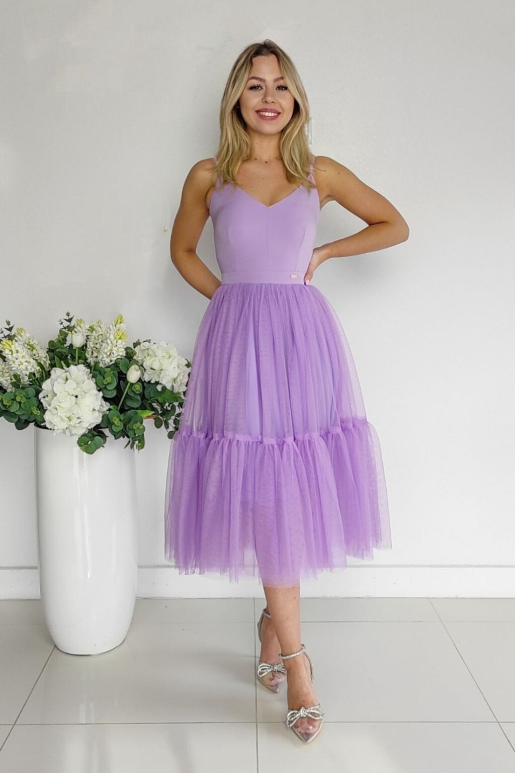 Parisse Fialové midi šaty s tylovou sukňou Veľkosť: XL