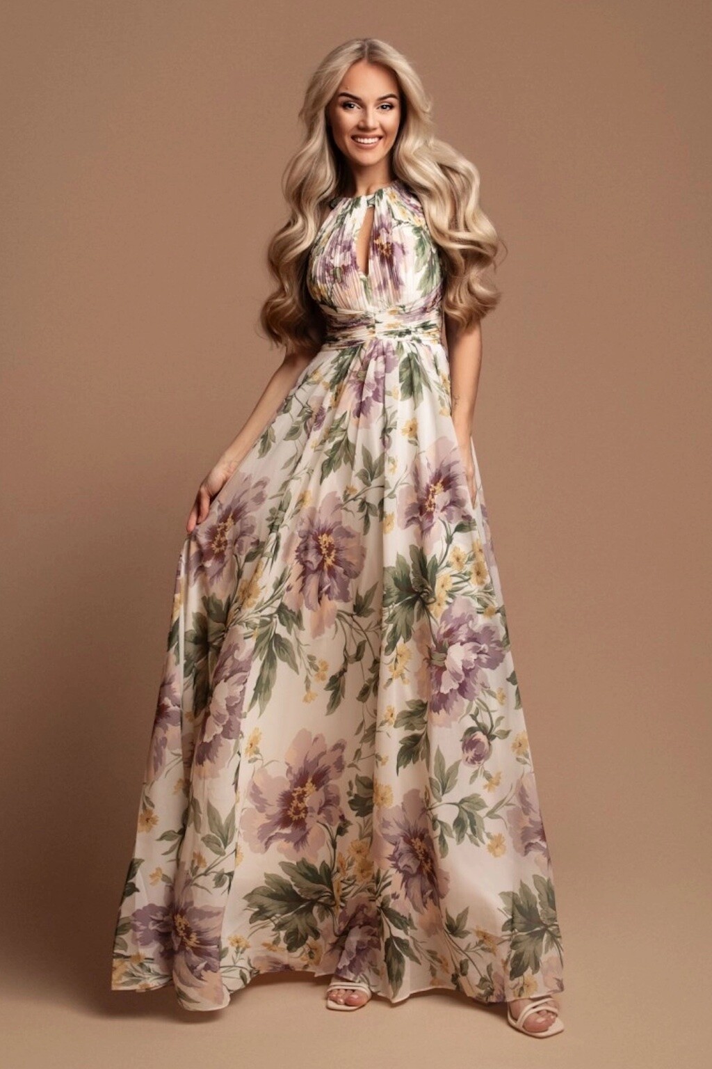 Eva & Lola Smotanové spoločenské šaty s kvetinami Veľkosť: M