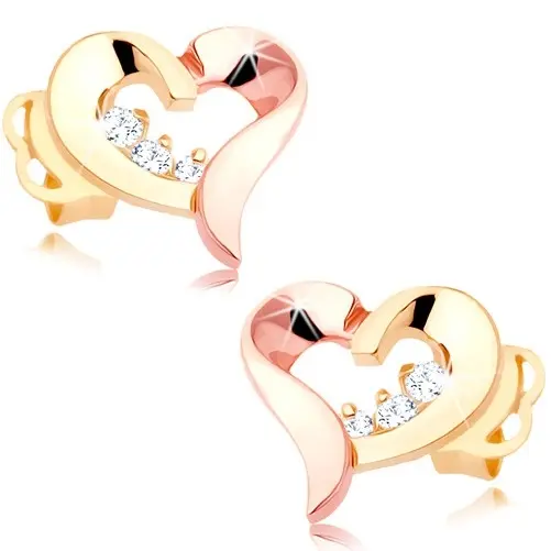 Náušnice 14K kombinované zlato v tvare srdca so zirkónmi
