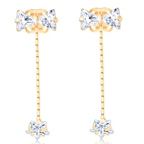 Zlaté visiace náušnice 14K s mašľou a zirkónovou hviezdou