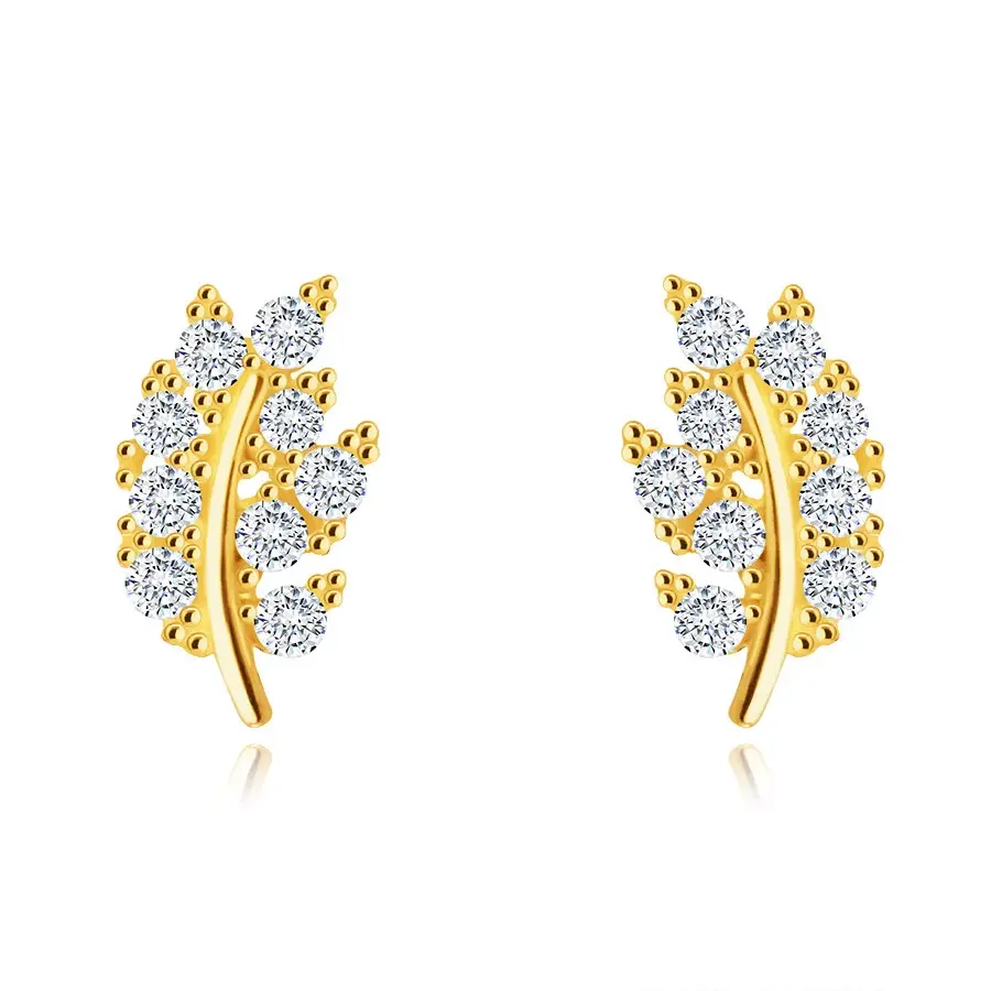 Puzetové 14K náušnice - lístok vykladaný trblietavými okrúhlymi čírymi zirkónmi