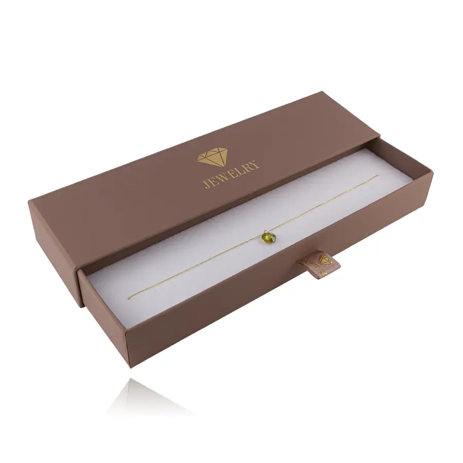 Ružovohnedá vysúvacia krabička na náramok s nápisom JEWELRY a diamantom