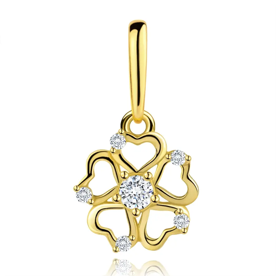Zlatý prívesok 9K v tvare kvetu so srdcovými lupeňmi a zirkónmi