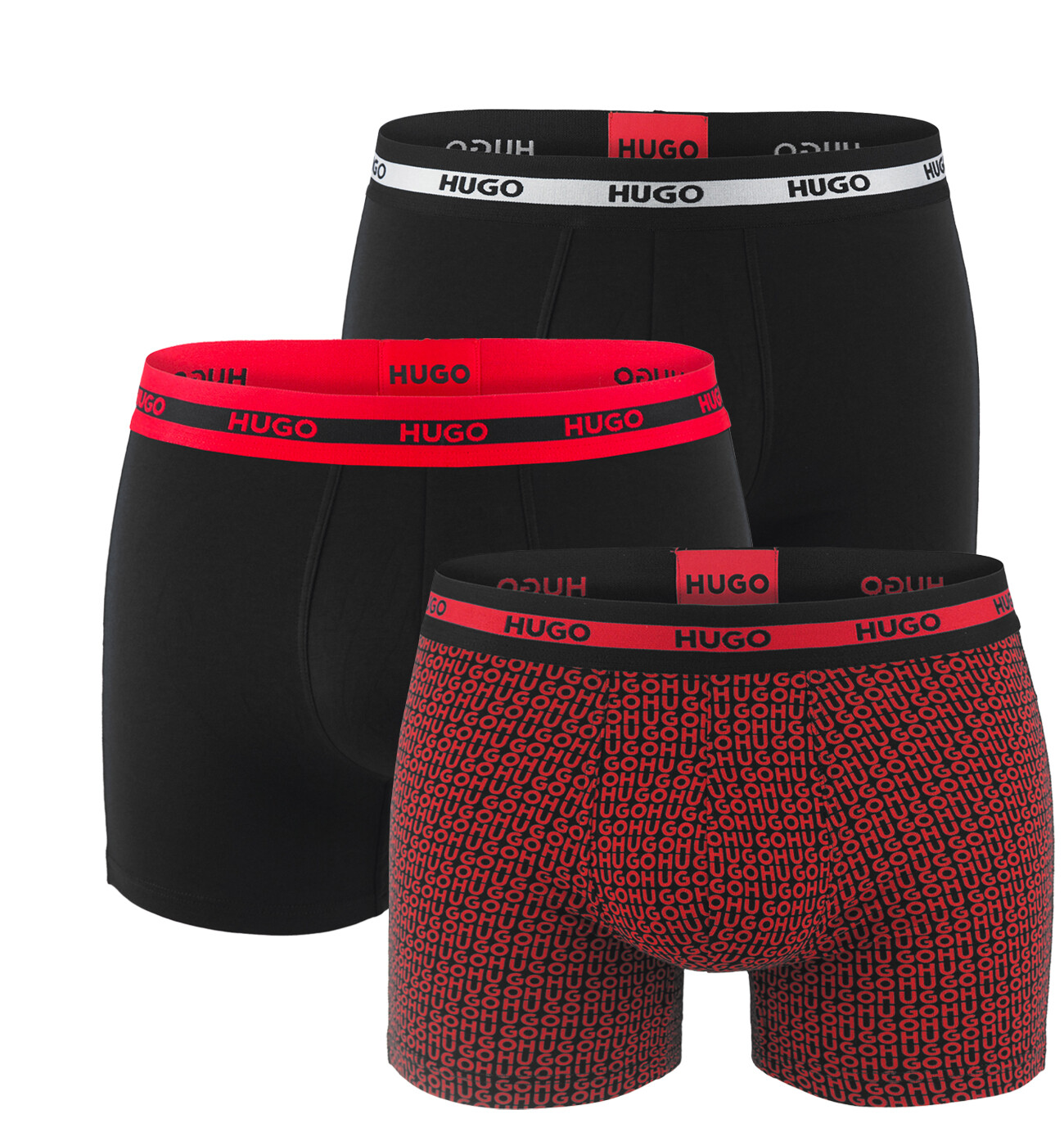 HUGO - boxerky 3PACK eco friendly organic cotton classic fit black / modern red monogram logo