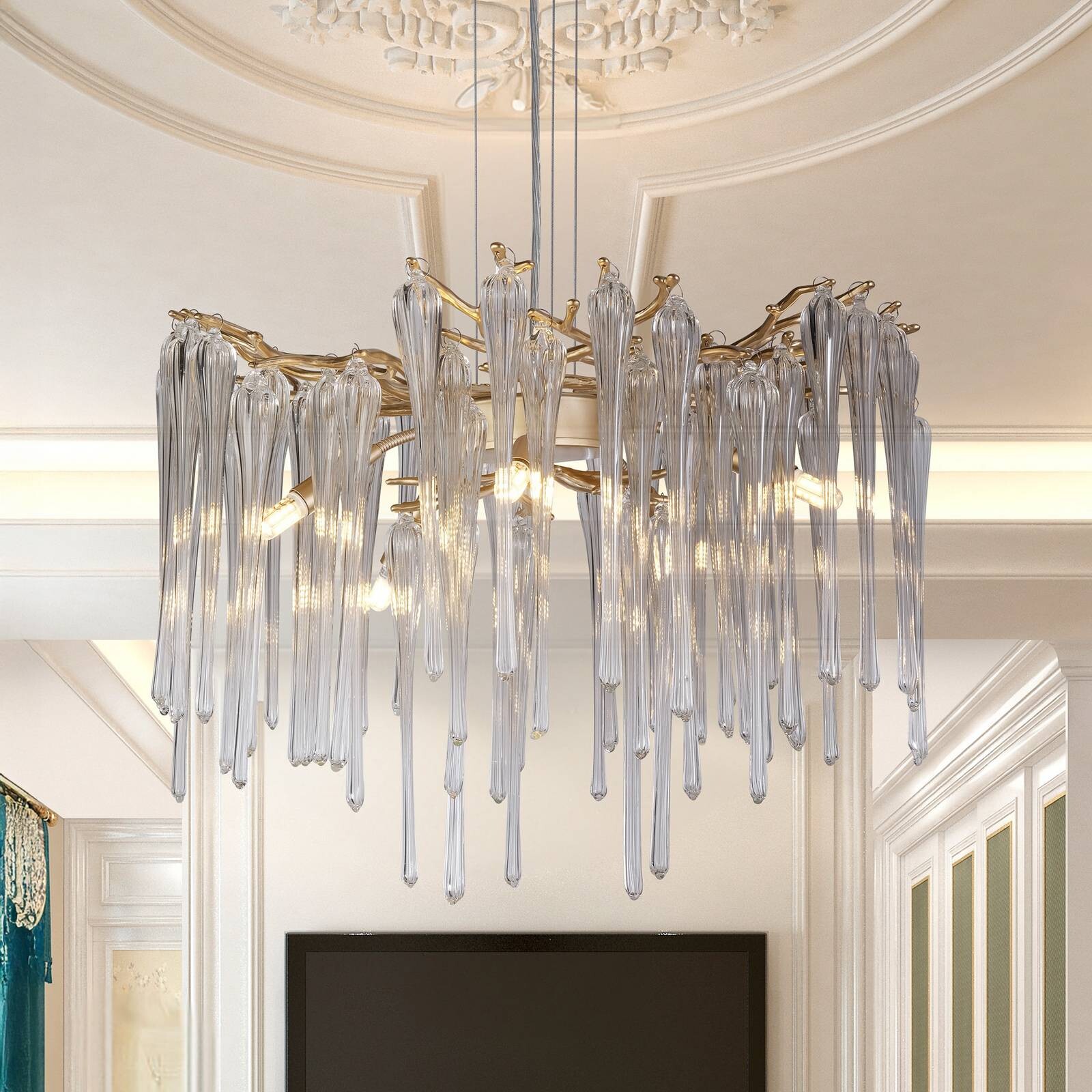 Závesné svietidlo Heritage, Ø 50 cm, zlatá farba/číra, sklo