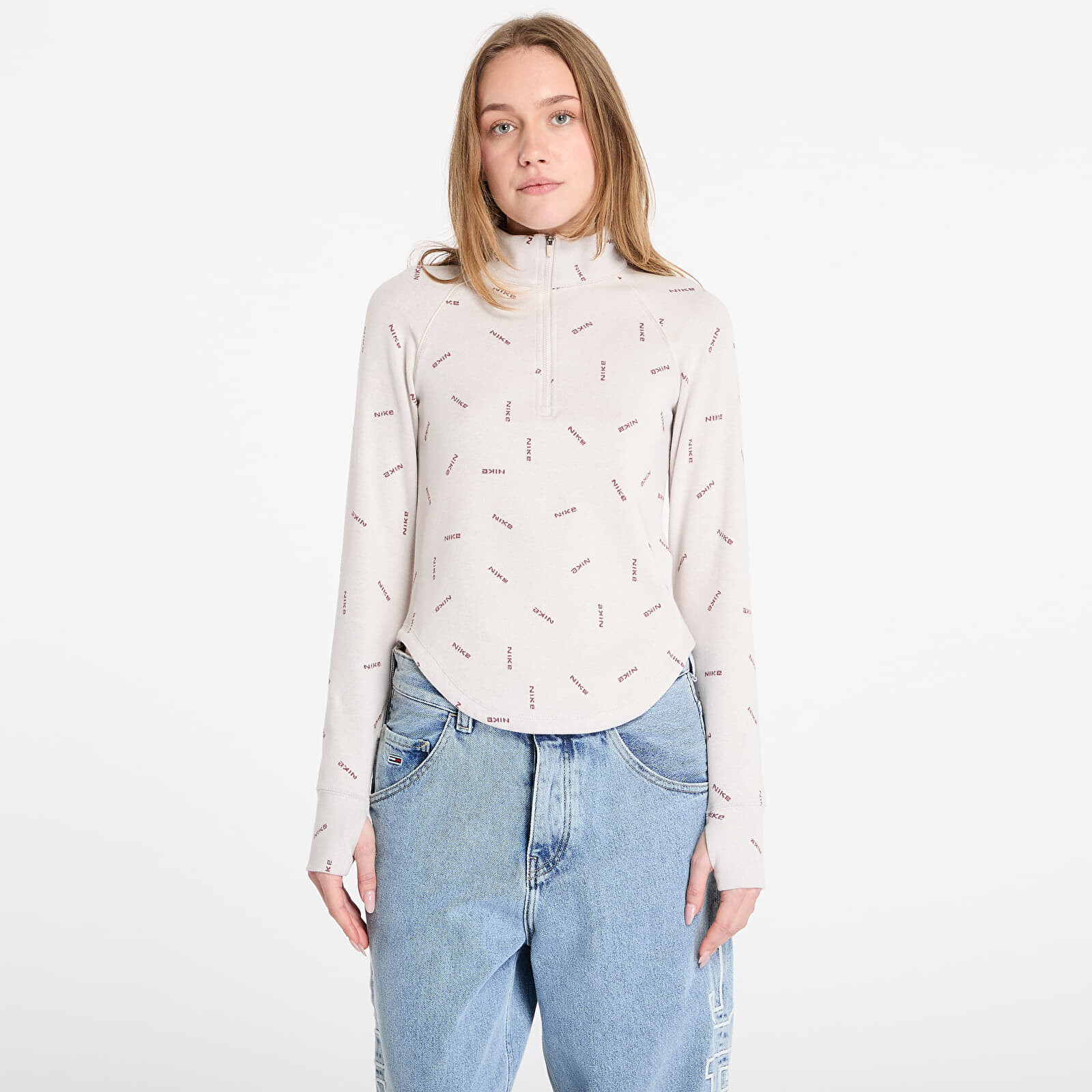 Tričko Nike Sportswear Collection Women's Logo Half-Zip Long-Sleeve Top Lt Orewood Brn/ Red Sepia/ Lt Orewood Brn XL