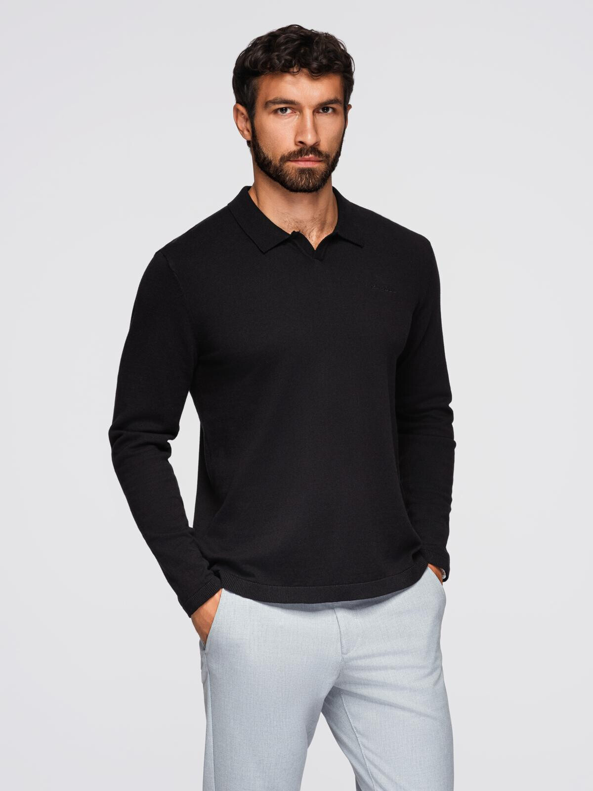 Ombre Men's polo sweater with embroidery on chest - black