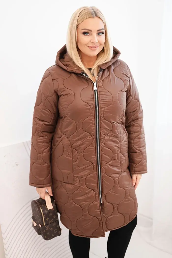 Kesi Włoski Dámska bunda Plus Size zimná prešívaná s kapucňou čokoládová