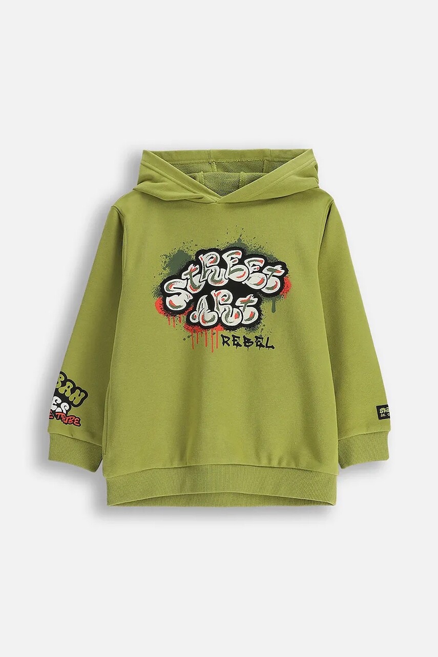 Detská bavlnená mikina Coccodrillo zelená farba, s kapucňou, s potlačou, SPORTS BOY KIDS