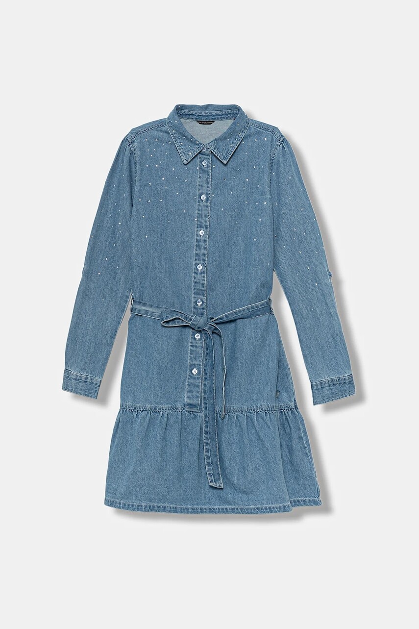 Dievčenské rifľové šaty Guess modrá farba, midi, áčkový strih, J5BK09 D4EU0