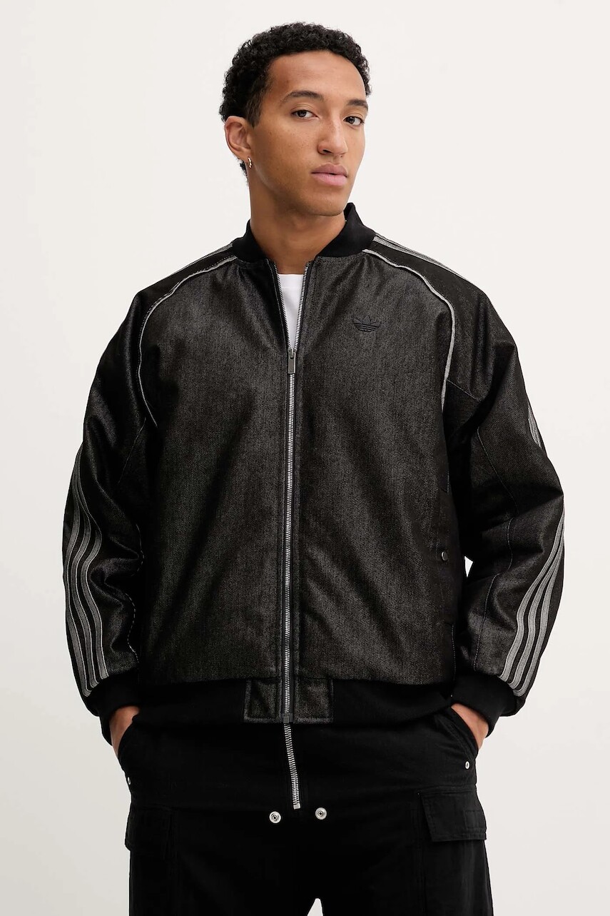 Džínsová bomber bunda adidas Originals Denim Jkt čierna farba, zimná, oversize, JY2796