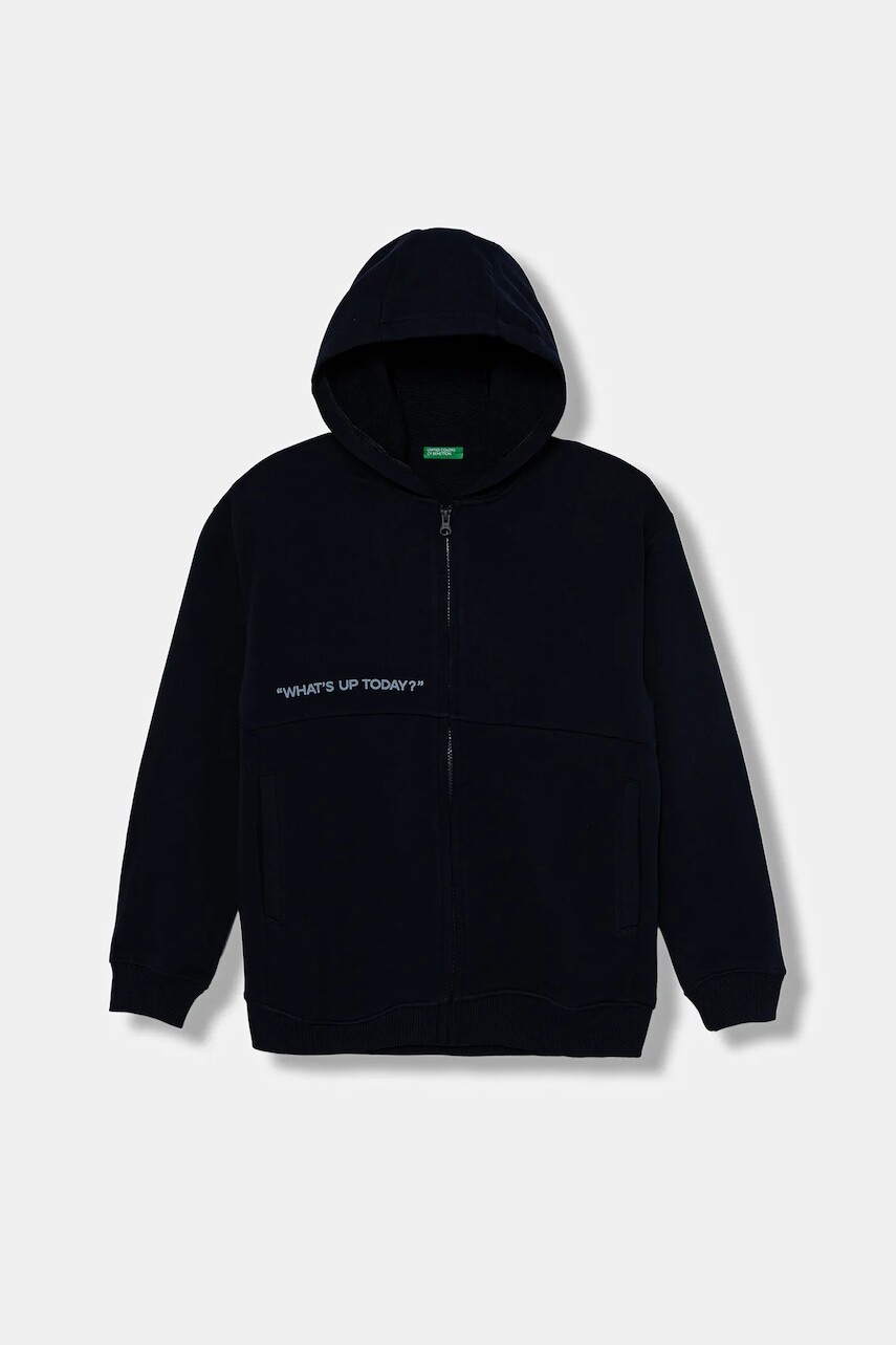 Detská bavlnená mikina United Colors of Benetton tmavomodrá farba, s kapucňou, s potlačou, 3J68C505G