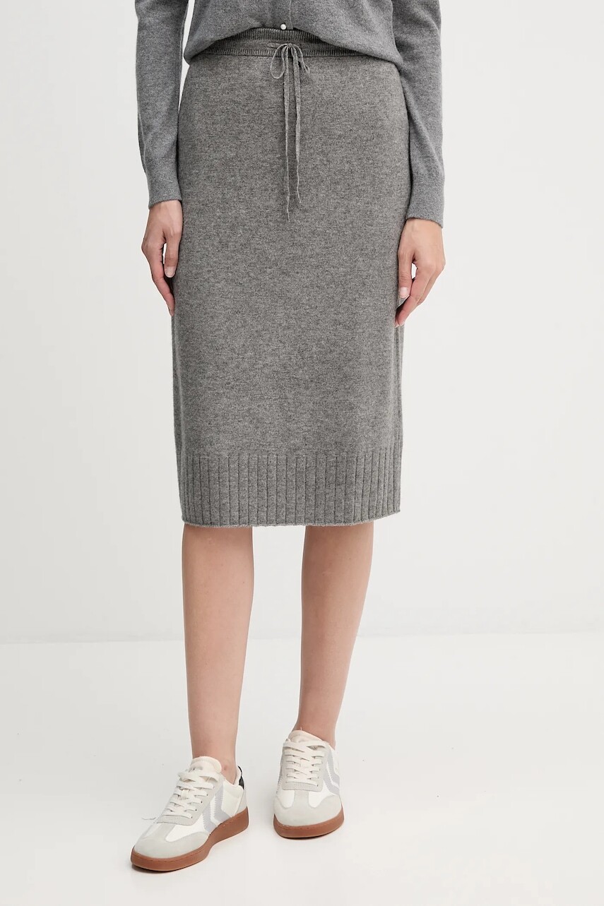 Sukňa s prímesou vlny United Colors of Benetton šedá farba, midi, rovný strih, 112HD001V